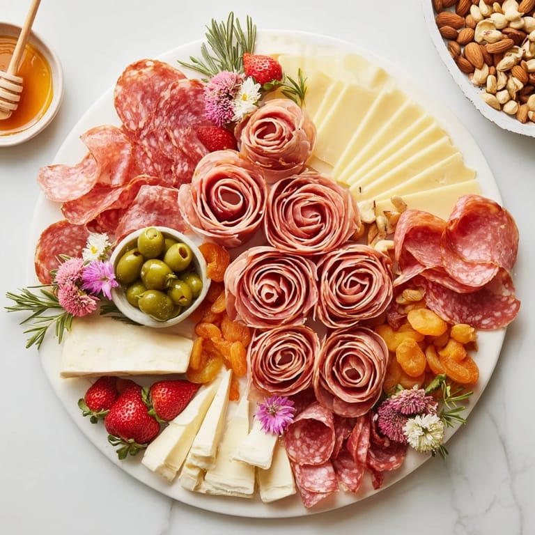 Elegant Meat and Cheese Rose Garden Board presentation, showcasing a delicious appetizer with various cheeses and garnishes.