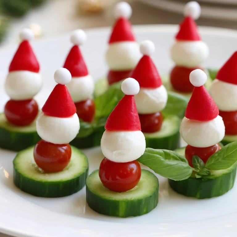 Vibrant photo: A platter of Savory Crudités features colorful vegetable Santa hats next to dip.