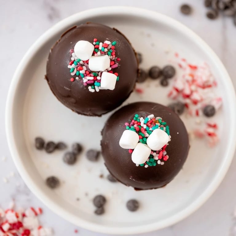 Imagine rich chocolate Hot Cocoa Bombs melting into hot milk with a rainbow of toppings on display.