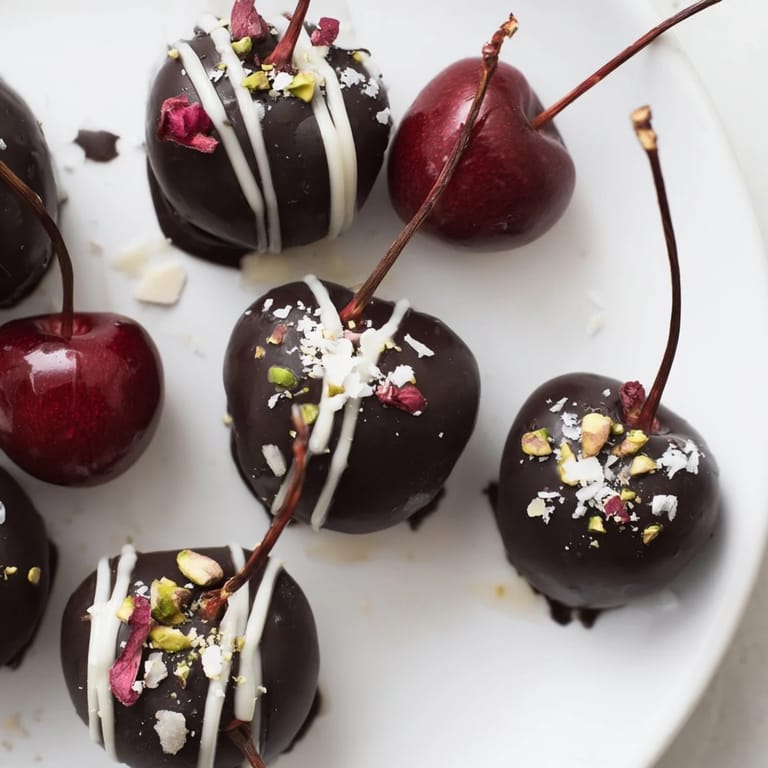 Fresh cherries transformed: experience these delightful chocolate-covered cherry dessert bites with a rich chocolate coating.
