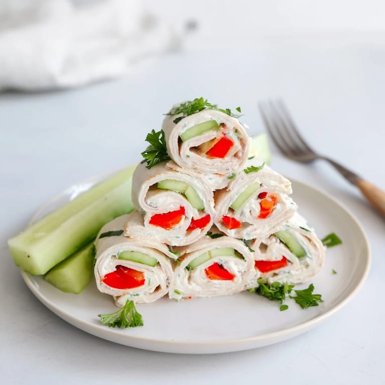 Close-up of protein-packed turkey roll-ups, showcasing the layered filling of fresh vegetables.