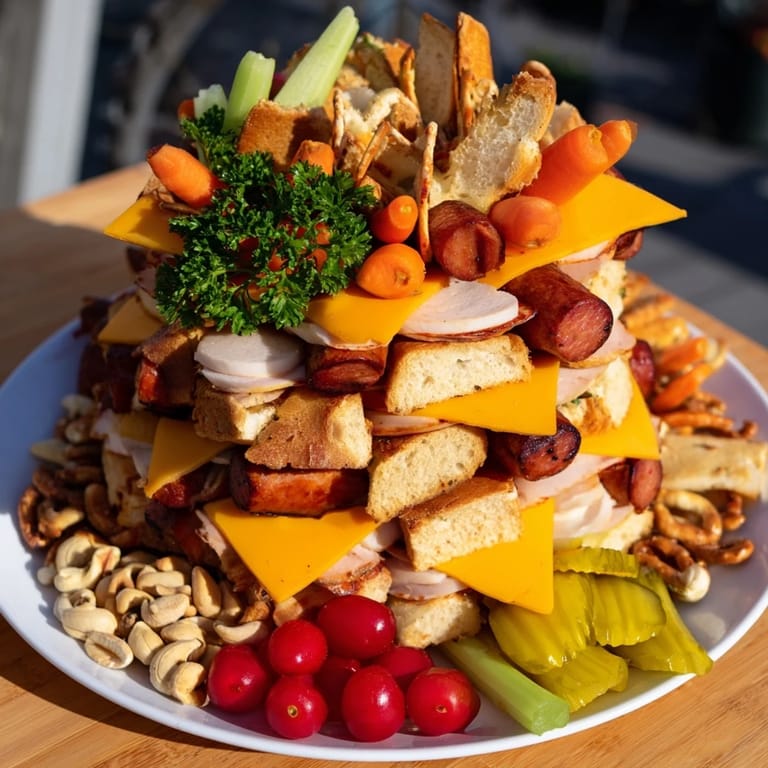 This overflowing Tailgate Party Power Stack boasts vibrant veggies, cheeses, and dipping sauces for a delicious party spread.