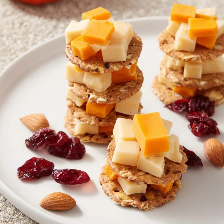 Easy-to-grab Work From Home Desk Treat featuring perfectly cubed cheeses on crunchy crackers, ready to eat!