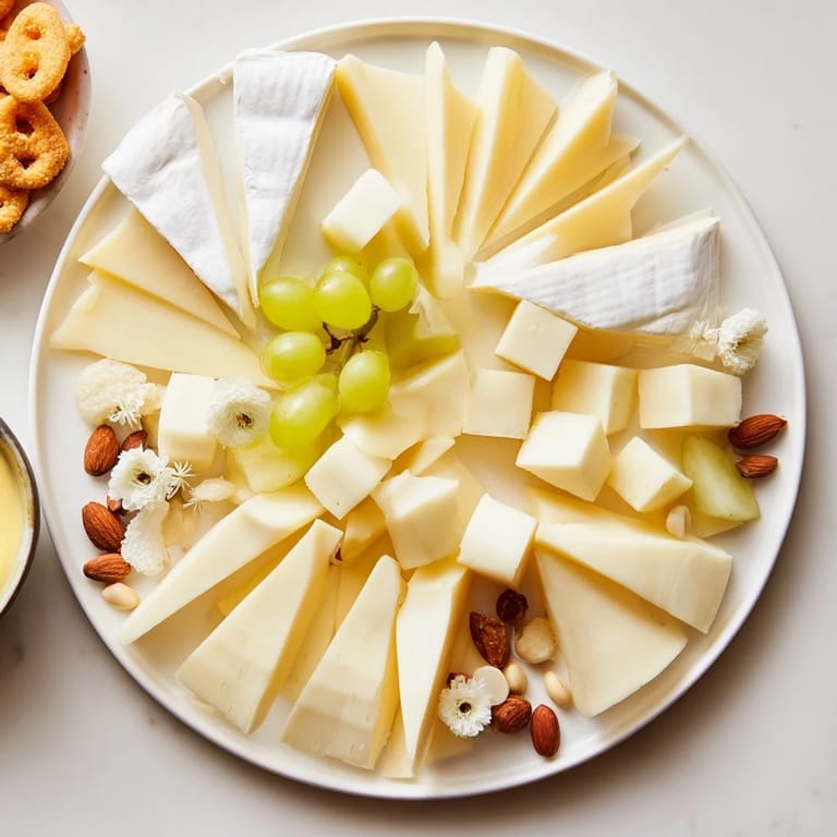 Enjoy a taste of this charming Bridal Shower Bubbly Board, featuring cheeses, fruits, and sparkling wine.