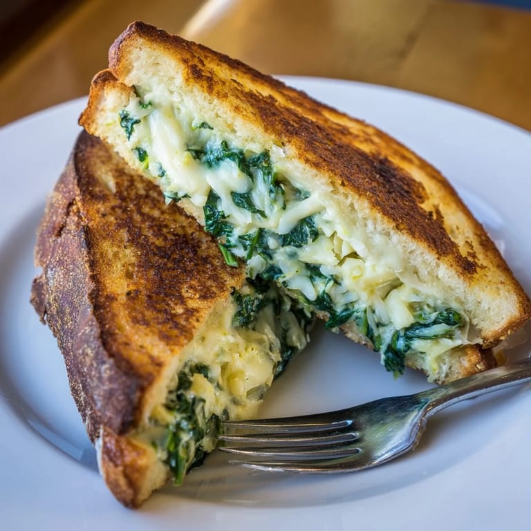 This Air Fryer Spinach & Artichoke Dip Grilled Cheese shows a crispy, buttery sandwich with bubbling cheese and dip.