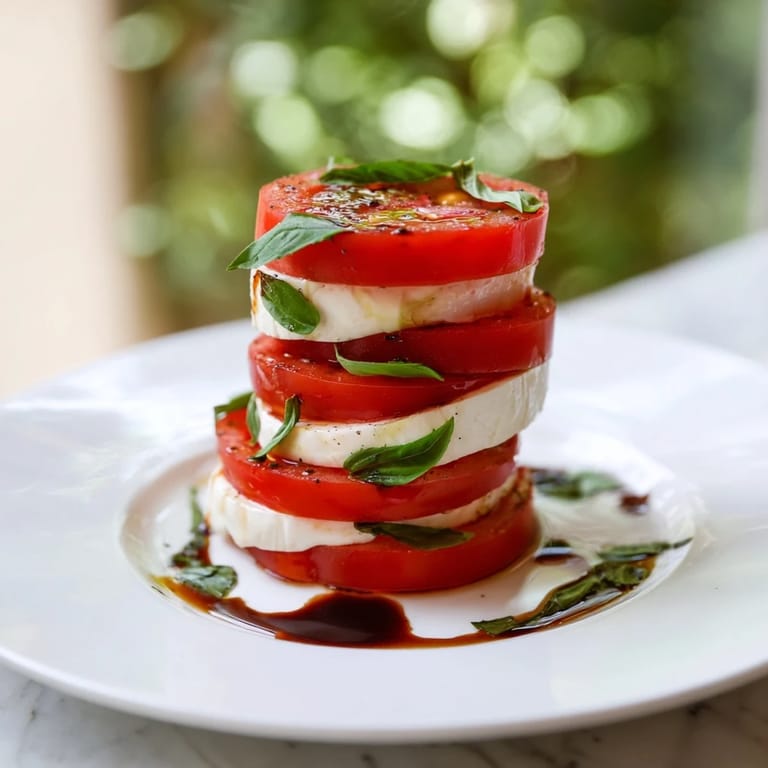 The Tuscan Pillar appetizer: Vertical tomato, mozzarella, and basil towers ready to eat.