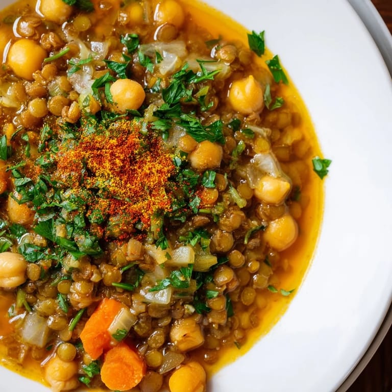 A vibrant close-up of Middle Eastern lentil and chickpea stew with vegetables, perfect for a warming meal.