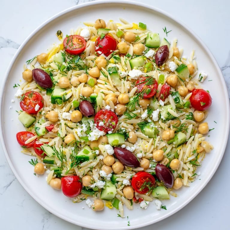 A close-up view of the Greek Lemon-Orzo Bean Salad; you can almost taste the lemon vinaigrette.