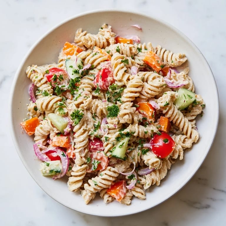 Chilled Vegan Hemp Seed Ranch Pasta Salad, perfect for summer picnics with vibrant colors.