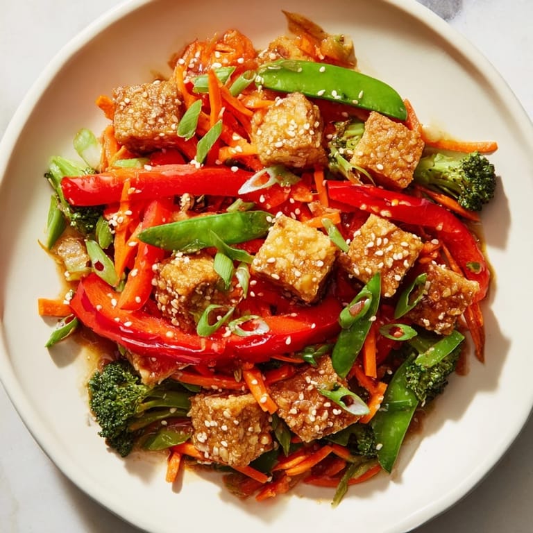 Sizzling pan of Sesame Ginger Tofu Stir-Fry, savory and tangy sauce coating every ingredient beautifully.