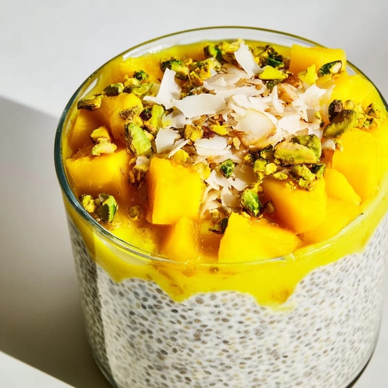 Vibrant image of chilled Mango Coconut Chia Pudding, perfect vegan breakfast or dessert option.