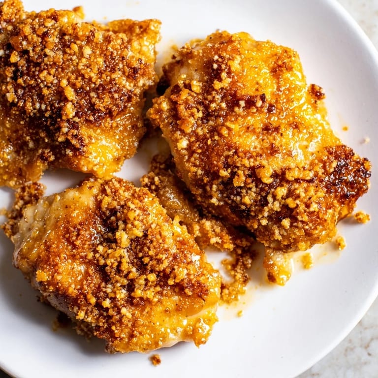 Close-up of crispy, golden-brown Hot Honey Crispy Chicken Thighs offering a satisfying crunch.
