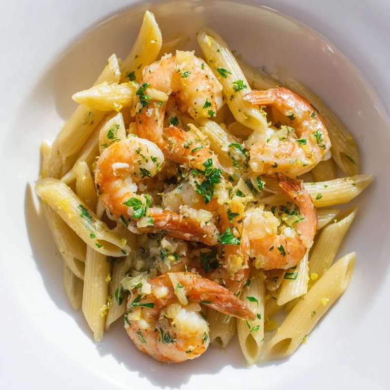 Creamy Garlic Shrimp Penne, garnished with fresh parsley and Parmesan cheese, steaming hot.