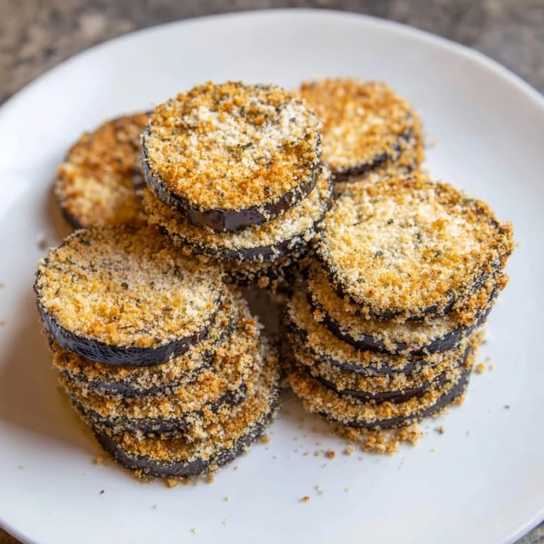 A close-up shot of crispy, baked Eggplant Parmesan Chips with a dusting of Parmesan cheese visible.