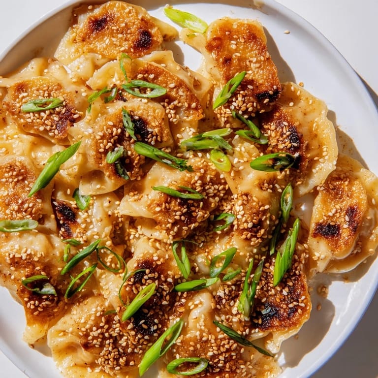 Golden and savory air fryer frozen dumplings topped with sesame seeds, a quick Asian-inspired snack.