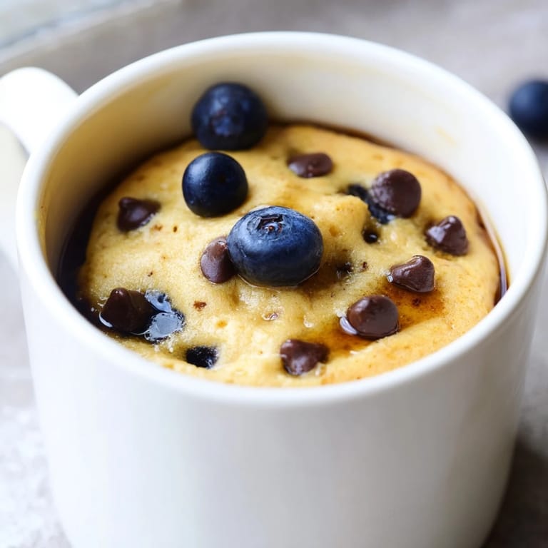 A close-up view of a single serving of delicious microwave mug pancakes, a fast, easy recipe.