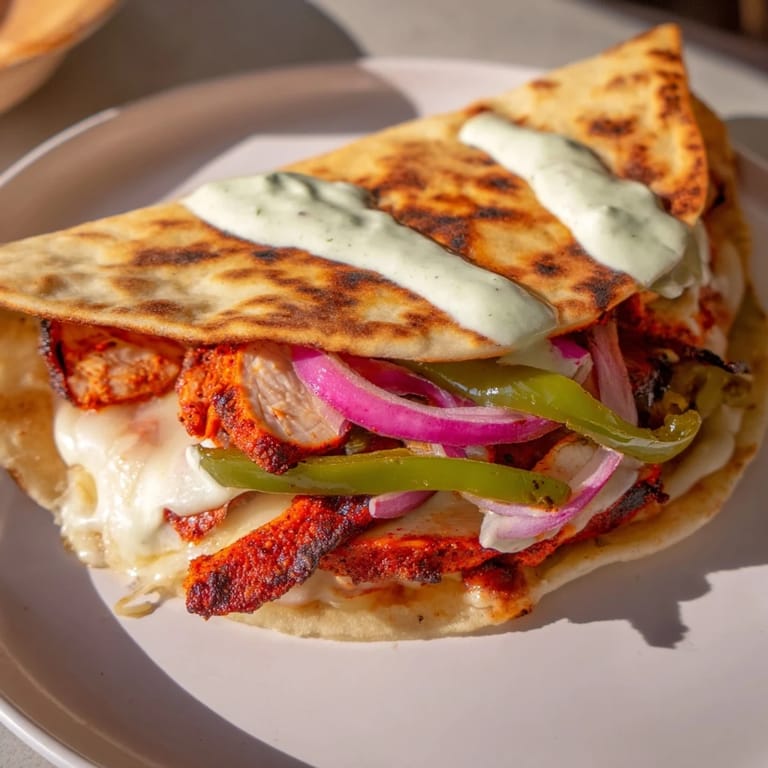A close-up shot of a fully assembled Tandoori Chicken Quesadilla, sliced wedges reveal the delicious layers within.