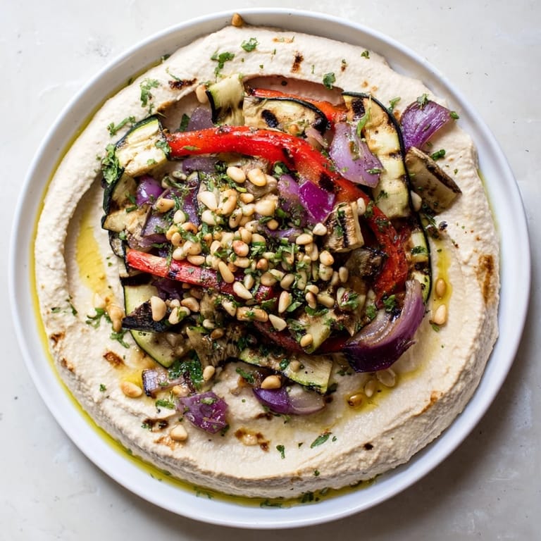 A beautiful close-up of hummus roasted veggies garnished with toasted pine nuts and fresh parsley, delicious!