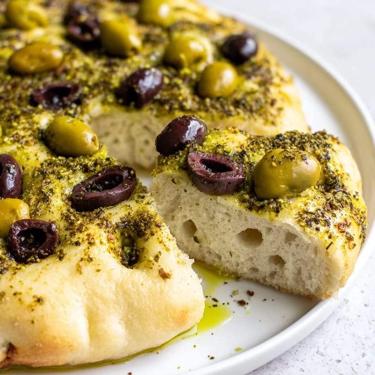 Close-up of fluffy Zaatar Olive Focaccia with dimples, glistening with olive oil and zaatar spice.