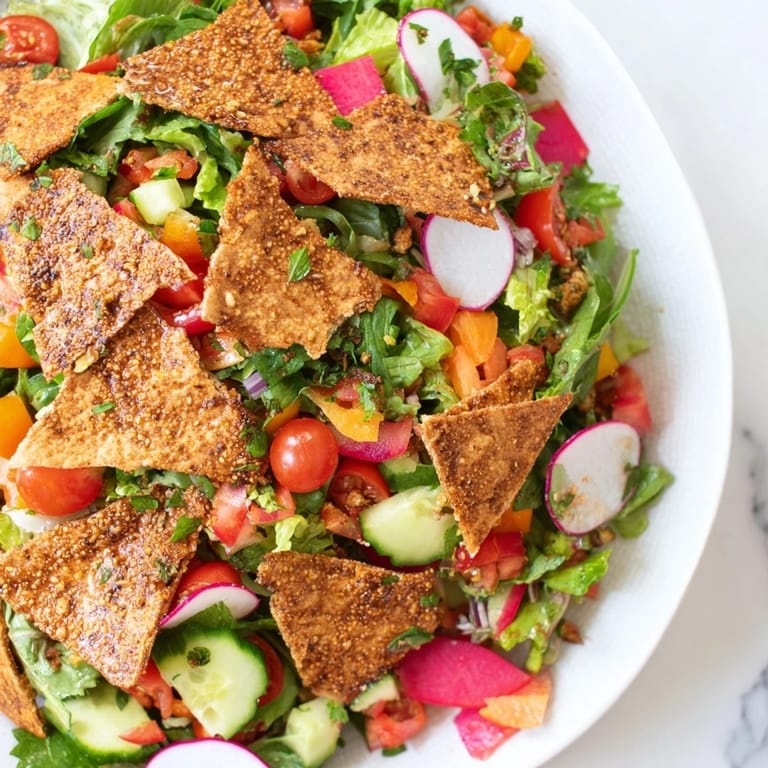 A close-up view of Fattoush Crunch Salad; crunchy pita chips atop fresh, flavorful ingredients.
