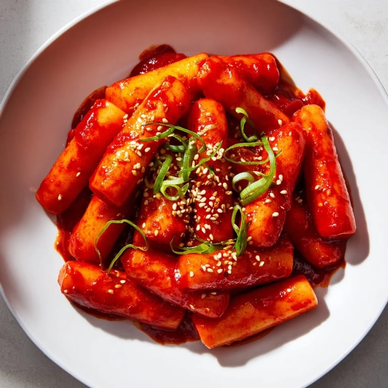 A close-up of piping hot Korean Tteokbokki, offering a blend of savory and delightful spicy flavors in every bite.