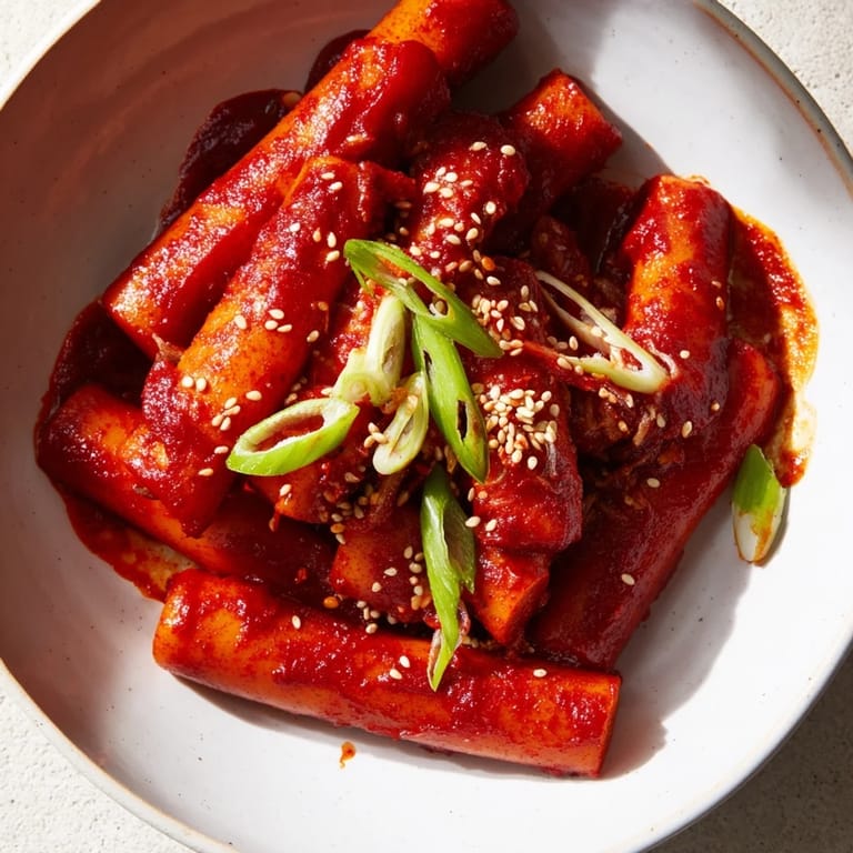 Deliciously saucy Korean Tteokbokki, served hot with optional boiled eggs and sesame seeds scattered over the top.