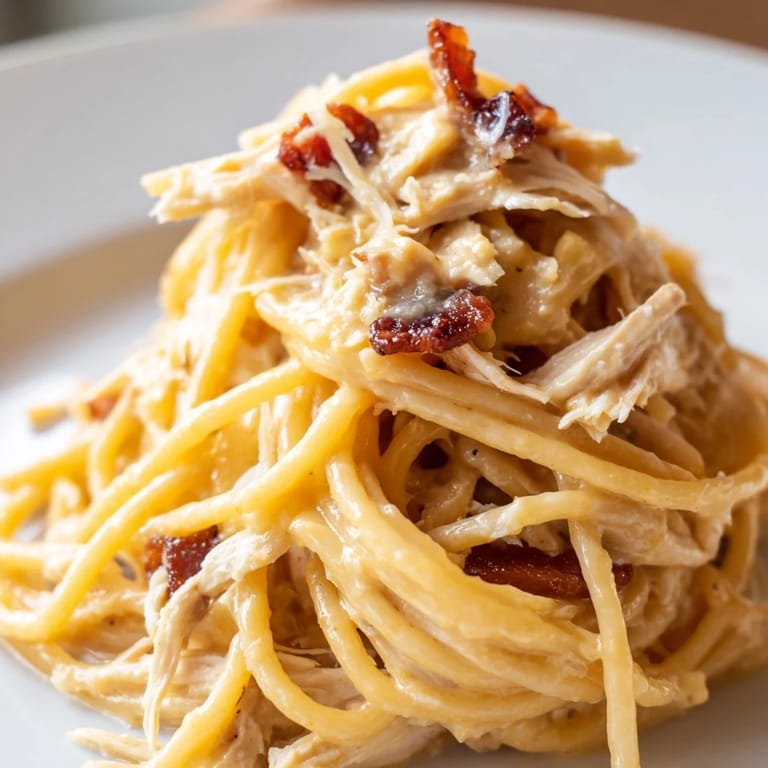 Steaming chicken carbonara pasta is served in a white bowl, topped with crispy bacon bits and fresh parsley garnish.