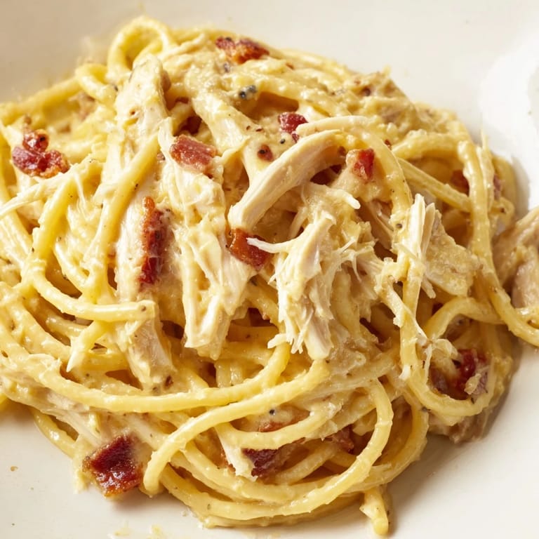 A close-up of chicken carbonara showcases a rich egg and cheese sauce coating spaghetti, with golden bacon and grated Parmesan on top.