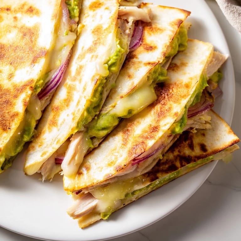 Steam rises from freshly grilled Chicken Avocado Quesadilla served with a side of salsa and sour cream.