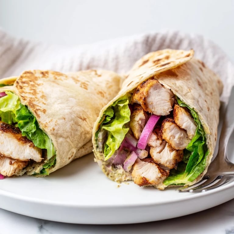 Freshly rolled Honey Mustard Chicken Wrap cut in half, revealing layers of juicy chicken, shredded lettuce, and tangy homemade dressing.