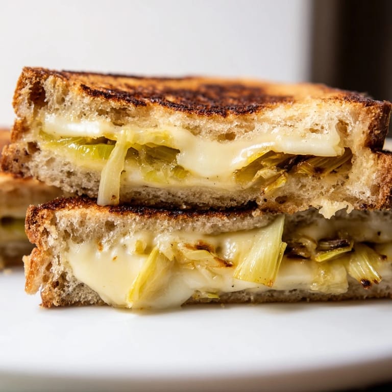Buttery, crispy bread encases savory Havarti cheese and golden onions for the ultimate Havarti & Caramelized Leek Grilled Cheese.
