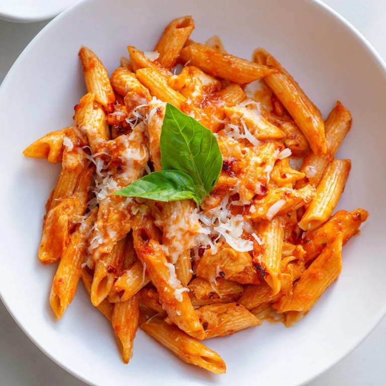 Hearty Tomato Basil Chicken Pasta tossed in a garlicky red sauce, served steaming hot with a sprinkle of grated Parmesan and fragrant basil.  