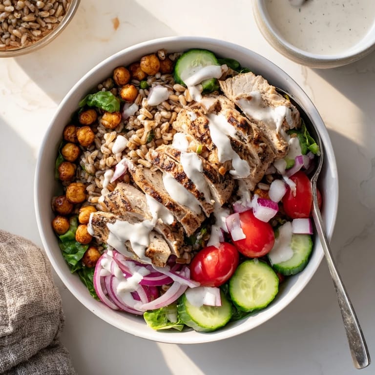 Lemon Tahini Chicken Power Bowl featuring spiced chicken, roasted chickpeas, baby greens, and a zesty tahini sauce over warm, nutty farro.
