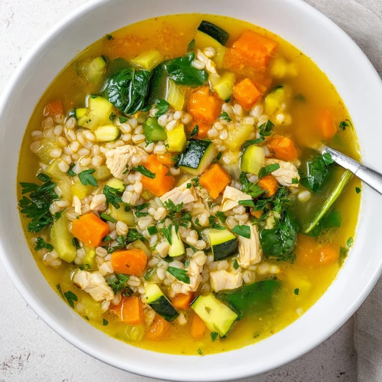 Steaming Soothing Turmeric Chicken With Pearl Barley showcases tender vegetables and plump grains in a bright, golden broth.
