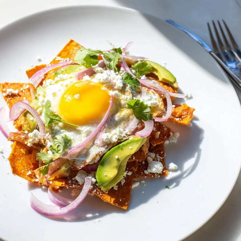 Fresh cilantro, sliced red onion, and creamy avocado garnish a steaming plate of homemade chilaquiles, served with a side of sour cream.