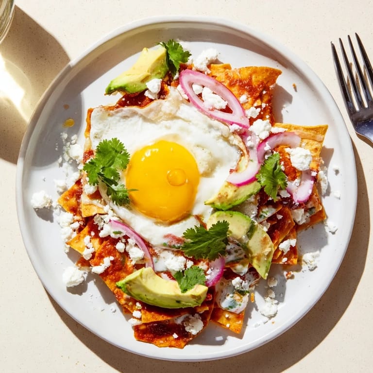 A close-up view of golden chilaquiles, featuring perfectly fried eggs and colorful toppings, perfect for a festive weekend brunch or Cinco de Mayo meal.