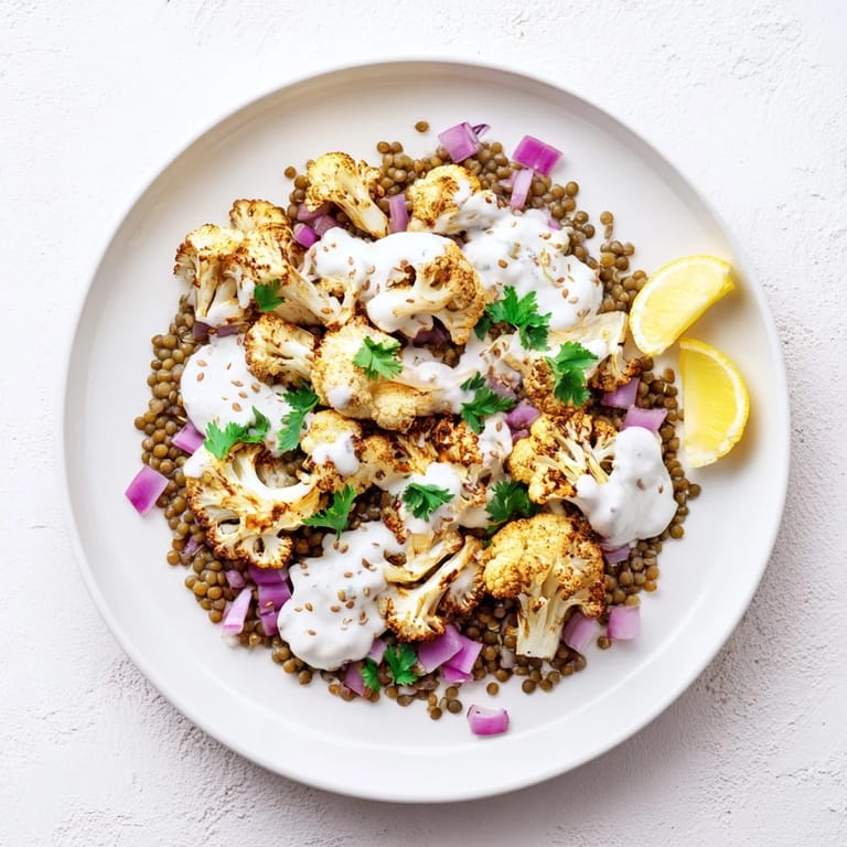 Middle Eastern-inspired roasted cauliflower, vibrant lemon lentils, and a garlicky cumin tahini yogurt sauce create a colorful, gluten-free vegetarian meal perfect for a healthy dinner.