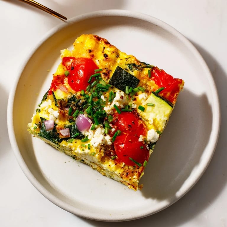 Freshly baked High-Protein Sheet Pan Eggs With Cottage Cheese and Veggies garnished with chives and ready for meal prep.