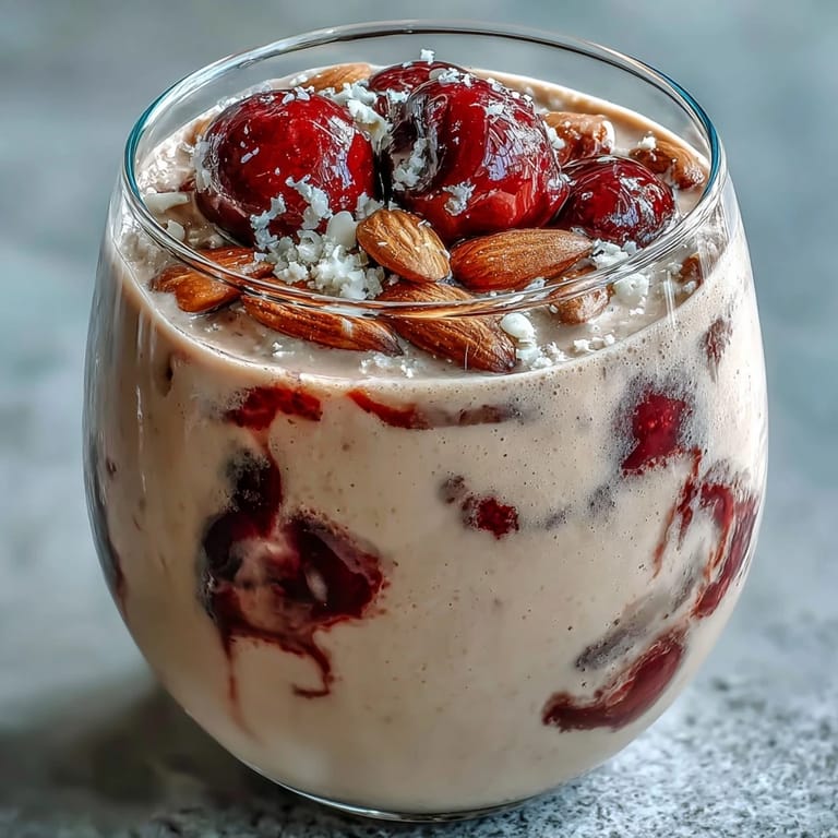 Thick and refreshing cherry almond smoothie, a sweet breakfast treat ready in minutes.