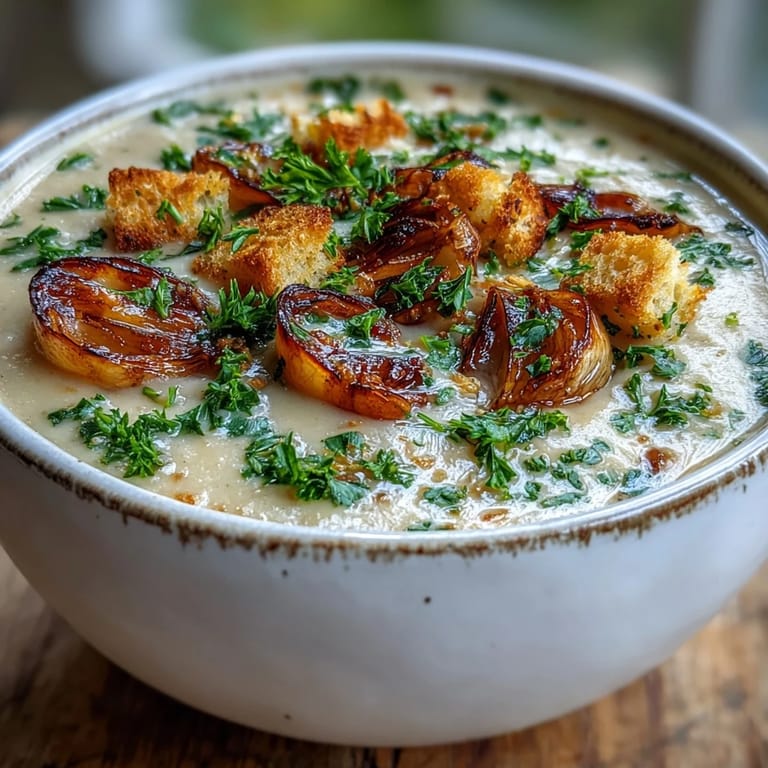 Velvety roasted garlic soup served hot with parsley and gluten-free croutons in a cozy setting.