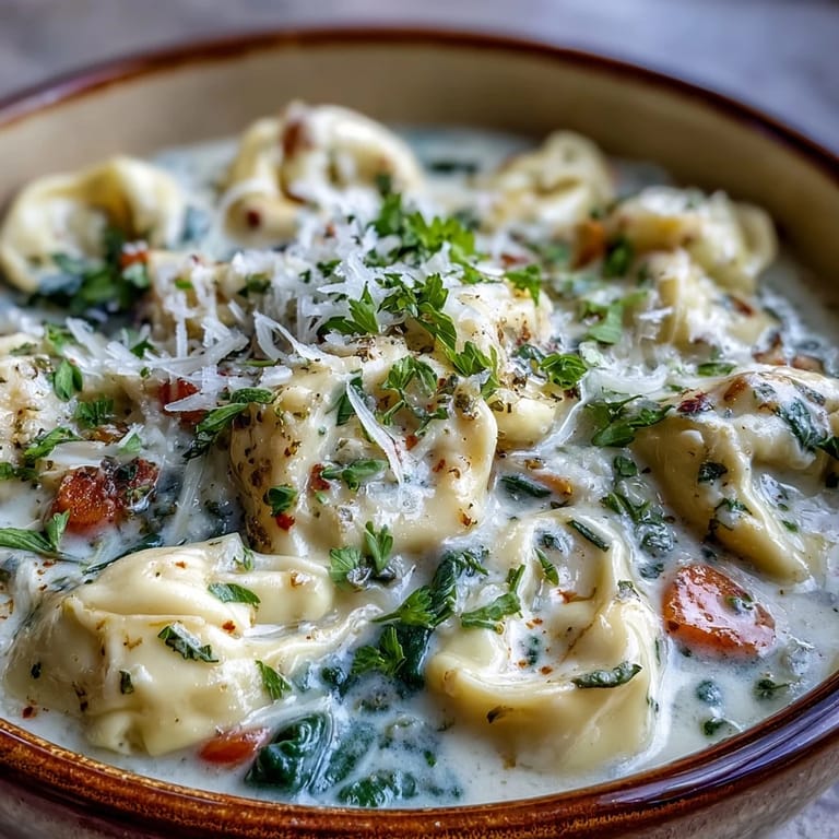 A pot of Easy Tortellini Soup With Chicken Broth simmering with spinach, carrots, and tender tortellini for a hearty meal.
