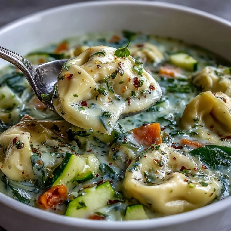 A ladle serves up velvety Creamy Vegetable Tortellini Soup, showing tender cheese tortellini and vibrant carrots in a rich, herb-scented broth.