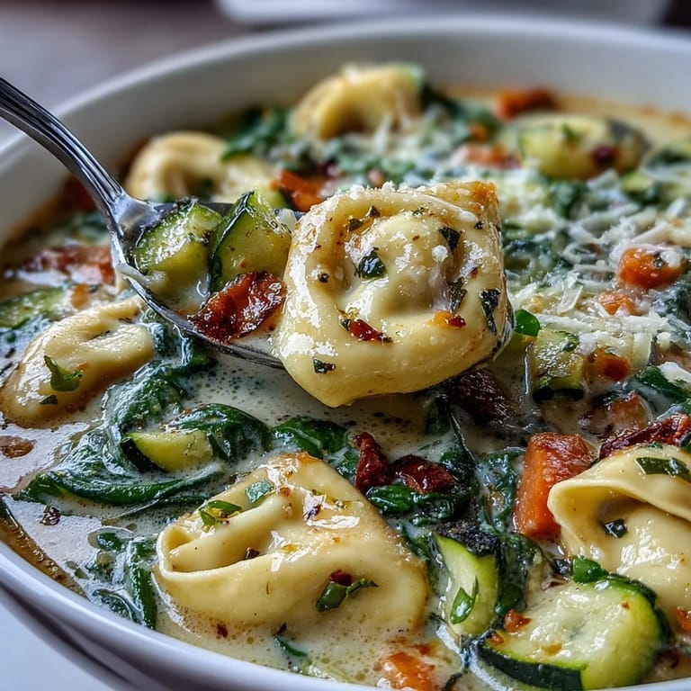 Close-up of Creamy Vegetable Tortellini Soup with wilted spinach and Parmesan, paired with crusty bread for a cozy weeknight meal.