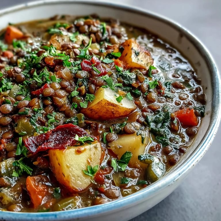 Bright, steamy Vegetarian Lentil Stew in a white bowl topped with parsley, showcasing the thick, savory vegetable-rich broth.