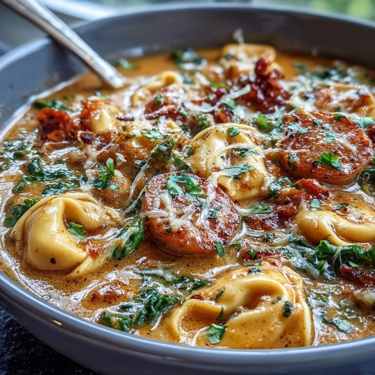 Fall Pumpkin Tortellini Soup with Chicken Sausage and Kale topped with Parmesan and parsley.