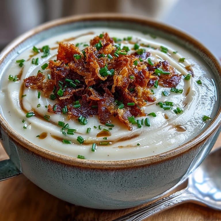 Close-up of Creamy Celeriac Soup with Crispy Bacon, steam rising from the bowl next to crusty artisan bread slices.