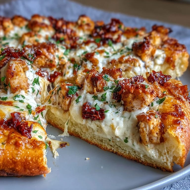 Marry Me Chicken Pizza fresh from the oven, featuring a brushed olive oil crust and vibrant sun-dried tomato pieces, ready to serve.