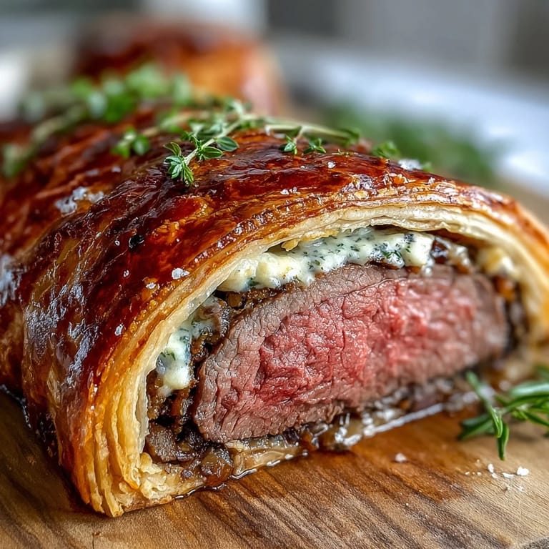 A classic Beef Wellington plated with roasted potatoes and a drizzle of rich red wine sauce, ideal for a festive holiday dinner.  