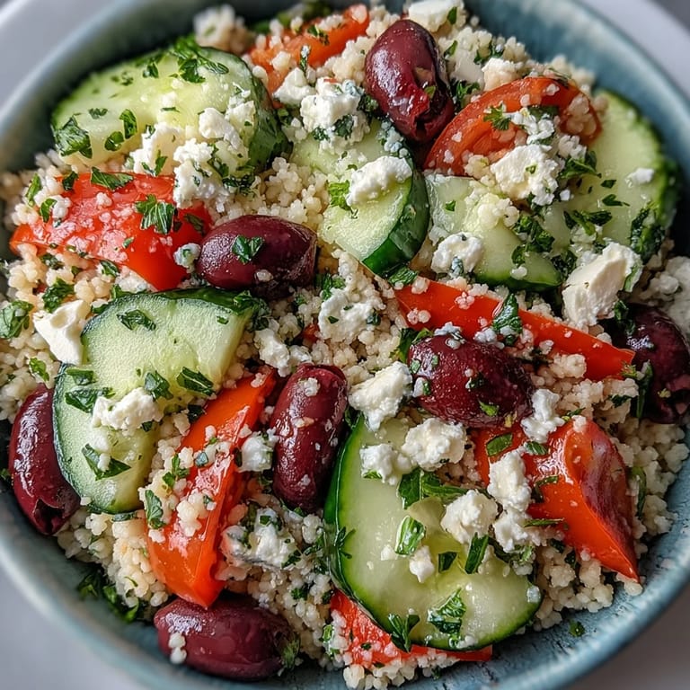 Chopped red bell pepper, cucumber, cherry tomatoes, and kalamata olives add color and crunch.