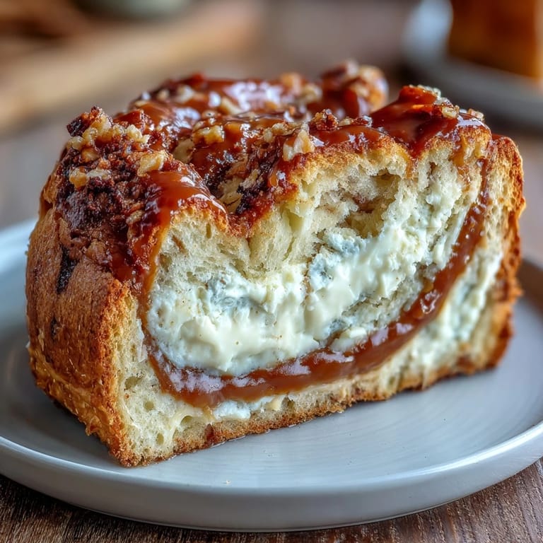 Golden-baked Caramel Cream Cheese Bread loaves dusted with sugar, served on a wooden board for breakfast or dessert.